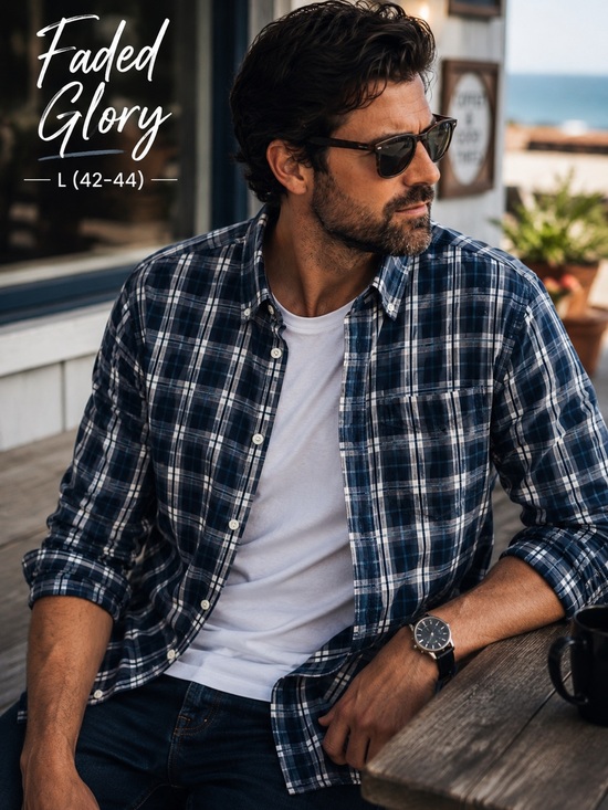 Faded Glory Other - Faded Glory Blue Plaid Button Down Shirt Men’s Size L Rugged Casual
